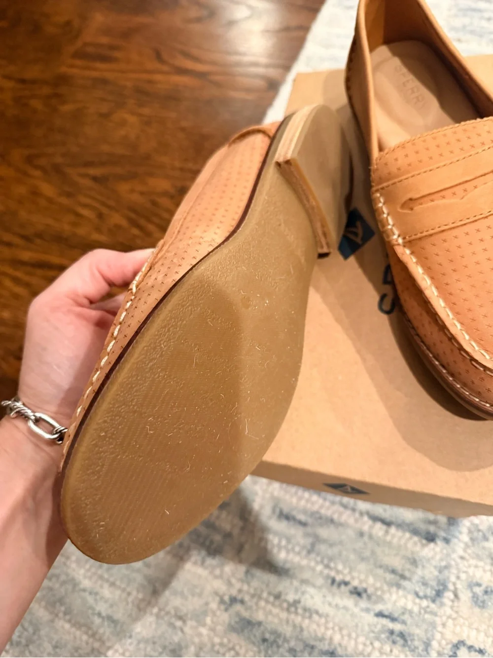Sperry women’s 6.5 Tan Perforated Penny Loafers seaport style leather - Picture 2 of 3